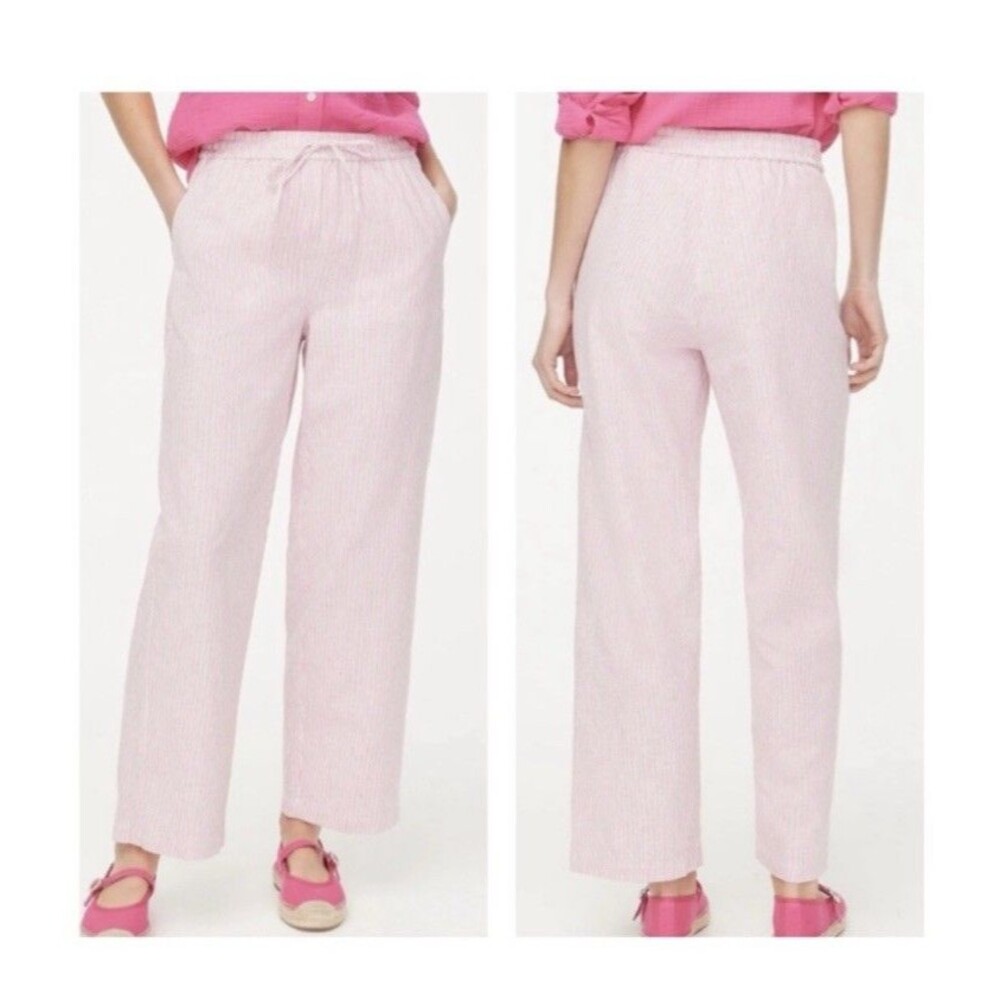 J Crew Linen Blend Wide Leg Pants Striped Pink White Drawstring CG405 - Size 14